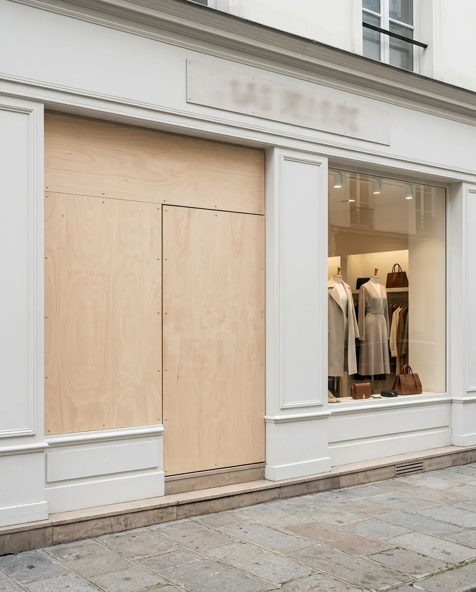 Boutique dont la vitrine est protégée par un panneau en bois