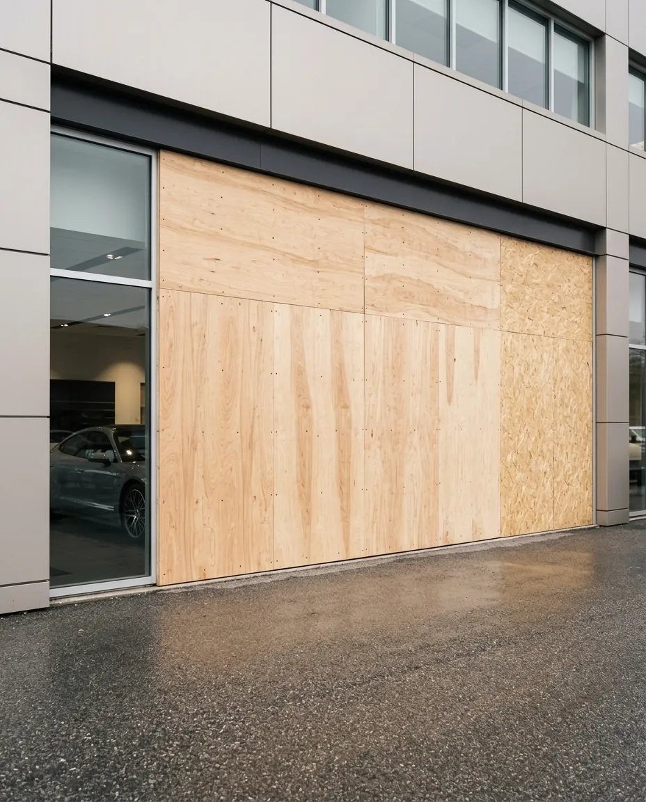 Showroom automobile aux grandes baies vitrées protégé par des panneaux en bois