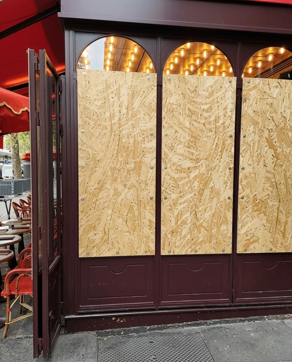 Devanture de supérette protégée par des panneaux en bois posés sur la vitrine