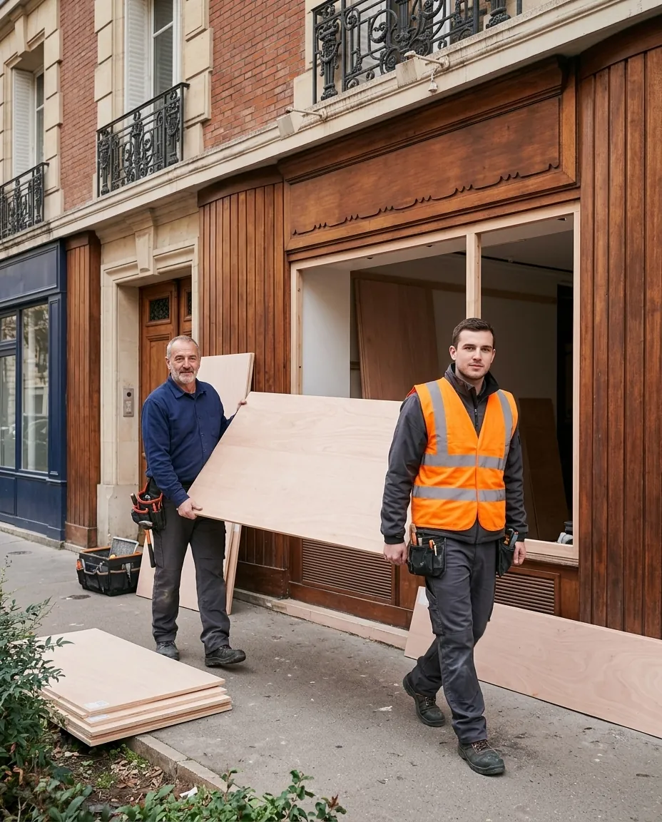 Pose de grands panneaux de bois sur la baie d'un showroom