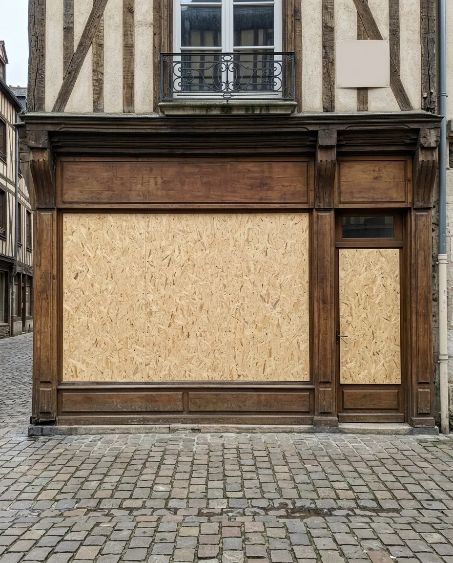 Vitrine de commerce à Strasbourg protégée par des panneaux en bois posés sur le vitrage