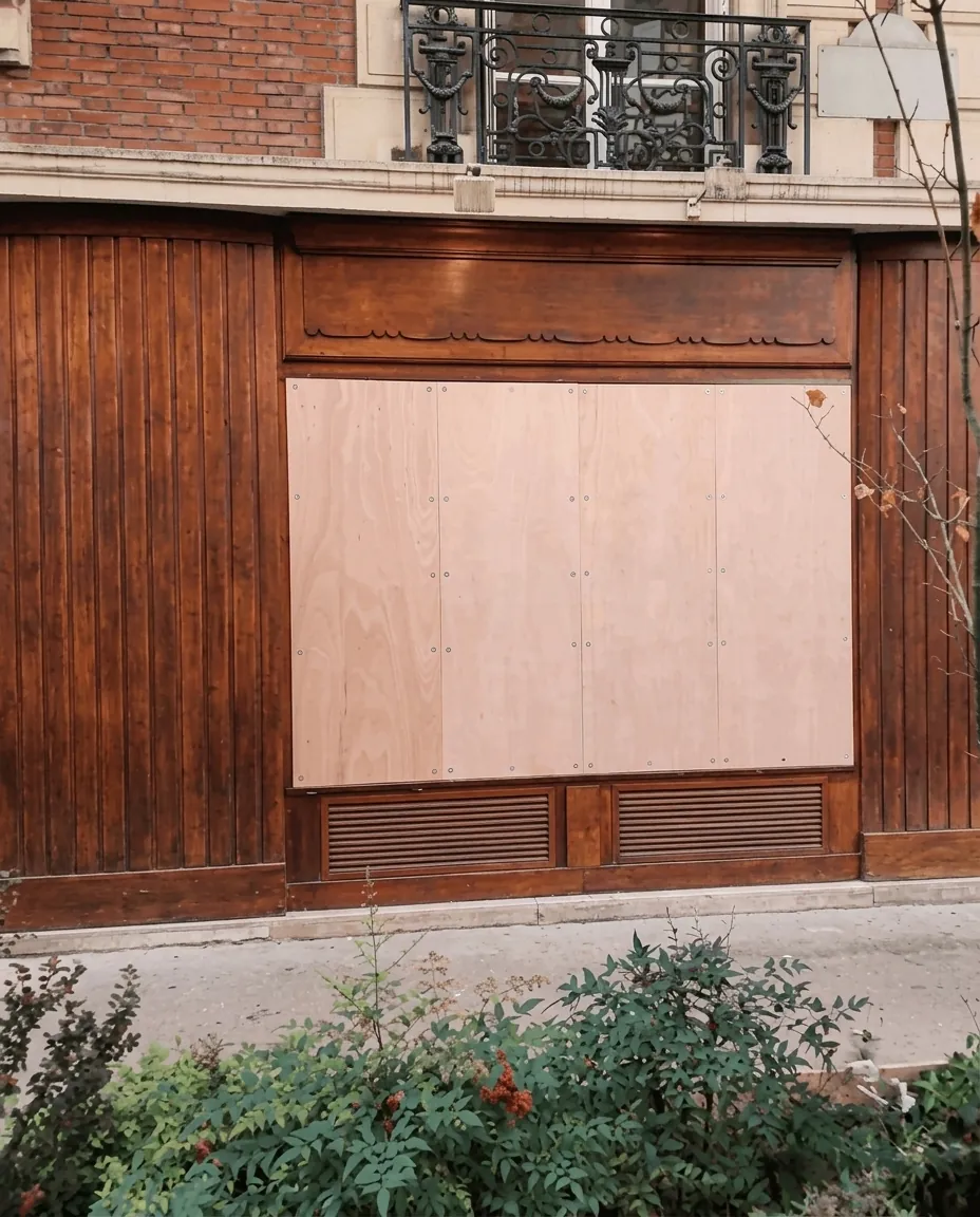 Vitrine de commerce protégée par des panneaux en bois posés sur la façade