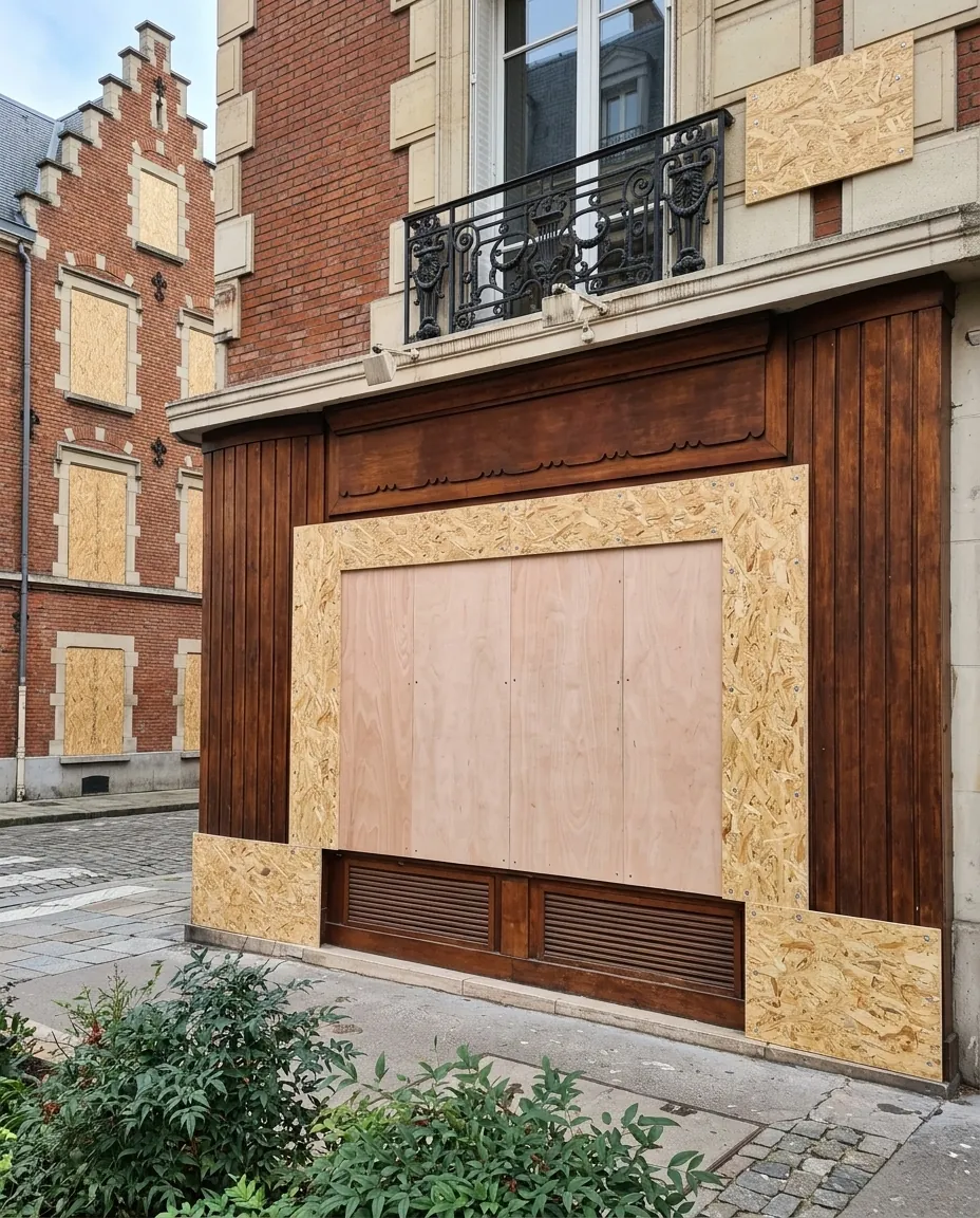 Vitrine de commerce lilloise protégée par des panneaux en bois posés sur place