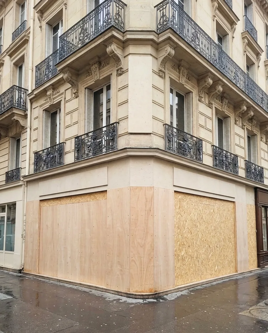 Angle d'immeuble parisien avec boutique dont les vitrines sont protégées