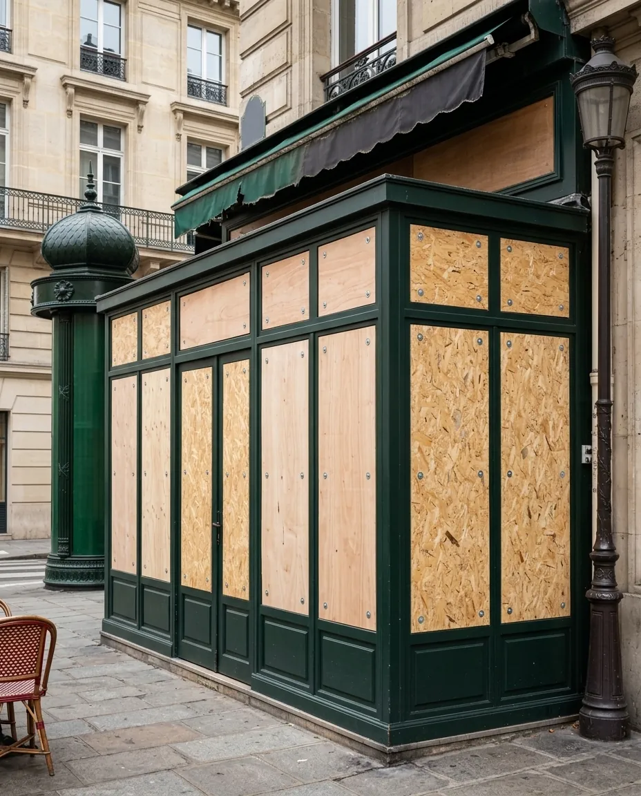 Vitrine de commerce bordelaise protégée par des panneaux en bois posés sur la devanture
