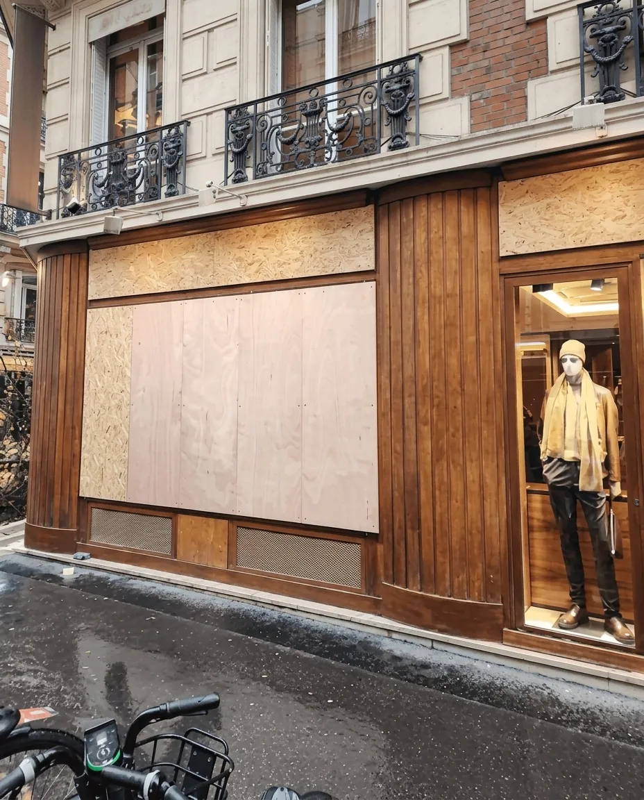 Vitrine de commerce marseillaise protégée par des panneaux en bois sur une rue passante
