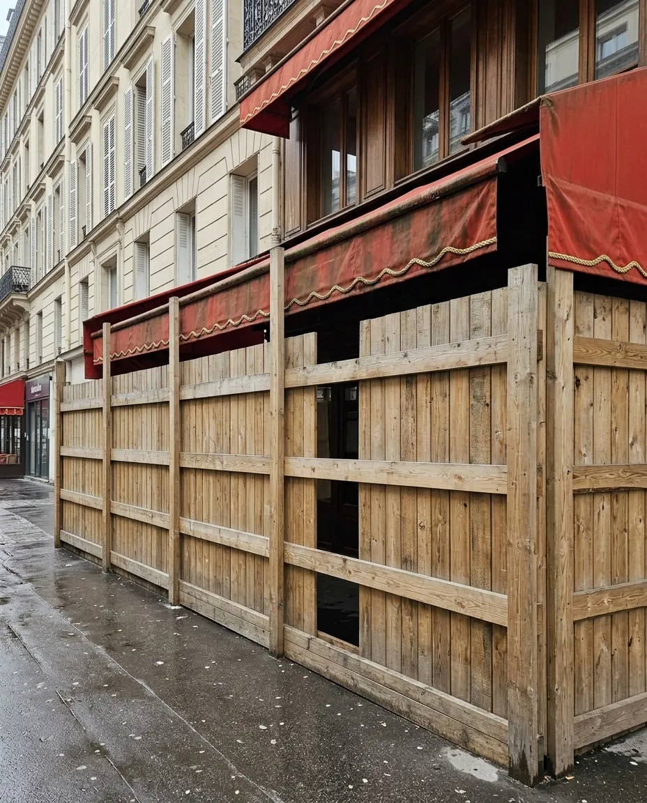 Protection de vitrine : palissade bois magasin